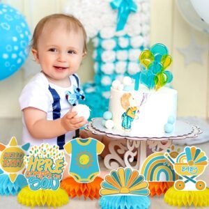 14 Pcs Here Comes The Son Baby Shower Decor, Baby Shower Honeycomb Centerpieces Set For Tables Here Comes The Son Sunshine Decorations Boho Rainbow Sun Gender Reveal Party Favors Supplies-Clearance