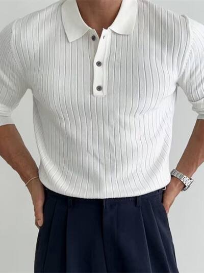 Lapel Button Long Sleeve Polo Shirt Slim Fashion Solid Striped Knitted Bottoming Shirt Top Men's Clothing