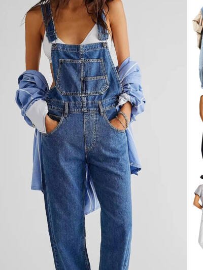 Women's High-Waisted Jumpsuit Overalls With Pockets Loose Fit Denim Trousers Casual Straight Leg Pants