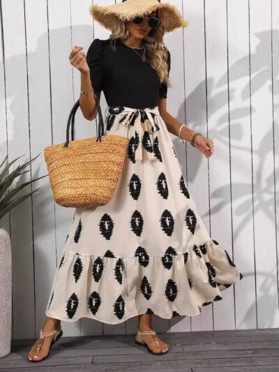 Women's Hem Ruffled Dress Puff Sleeve