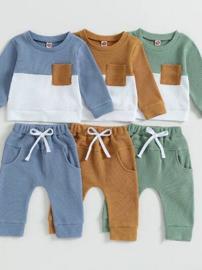 Color Matching Pocket Waffle Sweater Lace-up Sweatpants 2-Piece Children's Fashion Casual Wear Baby Suit