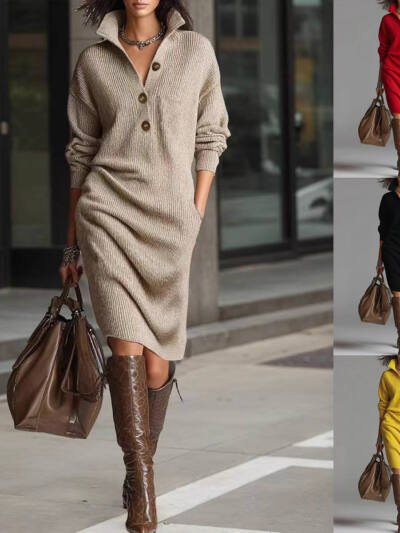 Long-sleeved Sweater Dress Fashion Warm Stand-up Collar V-neck Button Pullover Dresses Winter Casual Commuting Women's Clothing