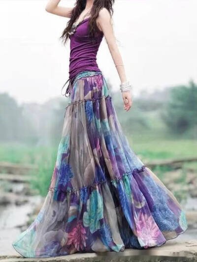 Printed Elastic Waist Slimming Large Hem Skirt