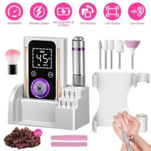 Portable Electric Nail Drill Bit 45000 RPM With 11 Bits Base Waist Clip Cordless Rechargeable Nail File Machine For Professional Salon Home Acrylic Nails Remove Nail Gel Polish Manicure