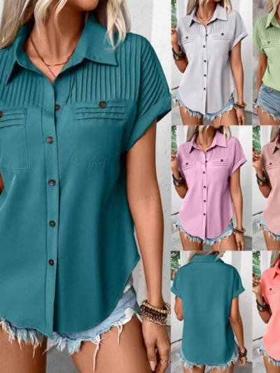 Lapel Shoulder Pleated Pocket Short Sleeve Top ShirtT-shirt Women