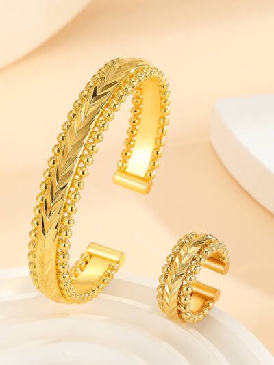 2pcs Vintage Gold Plated Bracelet, Open Bracelet Ring Jewelry, Women's Festival Wedding Jewelry Set