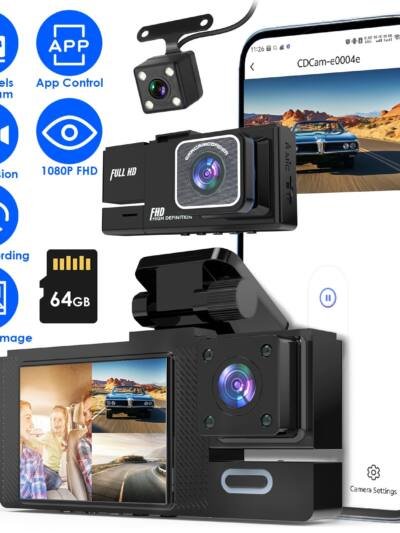 1Pc WiFi FHD 1080P Car Dash Cam 3 Channels Front Rear Inside Dash Camera With Loop Recording Reversing Image Night Vision 170 Degree Wide Angle Support 64G MMC Card Included