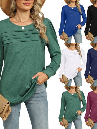 Solid Color U-neck Pleated Long-sleeved T-shirt Top For Women