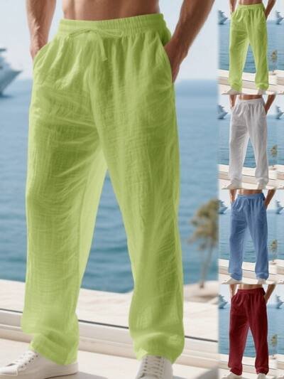 Linen Solid Color American Autumn Weiyi Casual Men's Loose Plus Size Wide Legs Beach Trousers Men