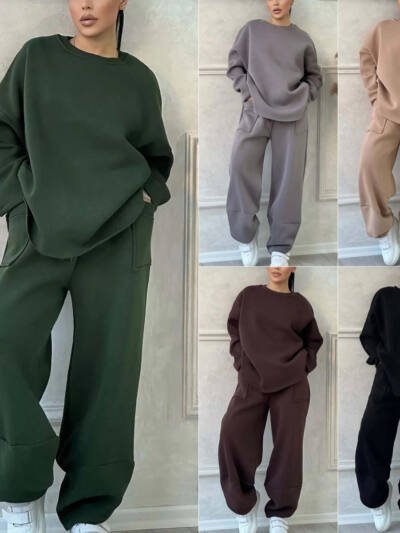 Women's Autumn And Winter Casual Loose Round Neck Long-sleeved Sweater Trousers Suit