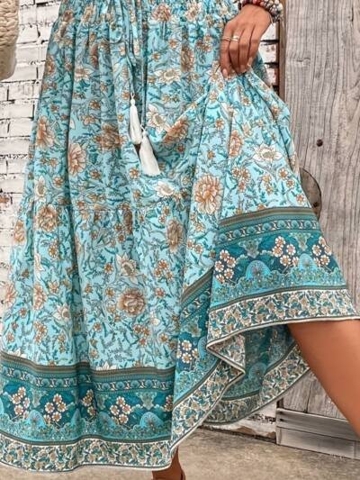 Women's Fashion Waist-controlled Simple Floral Print Tassel Skirt