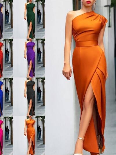 Women's One-shoulder High Waist Front Slit Temperament Dress