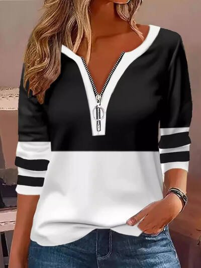 Women's V-collar Contrast Color Striped Loose Zip Long-sleeved T-shirt