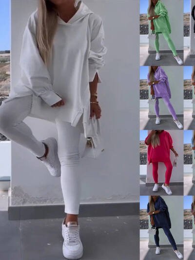 Women's Sports Casual Slit Hooded Sweatshirt Tights Two-piece Set