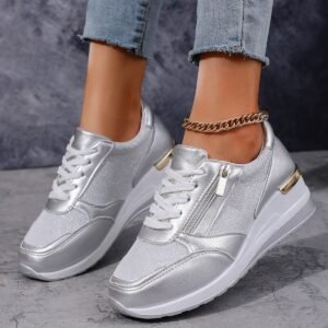 Women's Lace-up Casual Shoes FFashion Side Zipper Design Thick-soled Shoes Walking Running Sports Sneakers