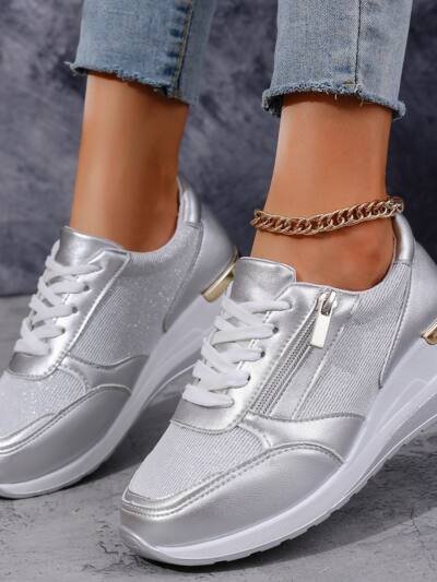 Women's Lace-up Casual Shoes FFashion Side Zipper Design Thick-soled Shoes Walking Running Sports Sneakers