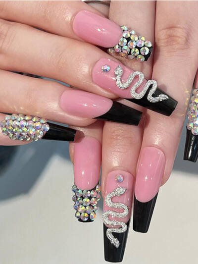 24 PCS Diamond Snake Nail Art, Long Length Long Water Pipe Fake Nails,Square Head Nail Tips False Nail