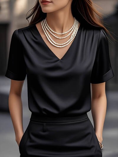 Summer Solid Color Pendant Small V-neck Short-sleeved Shirt Comfortable All-matching