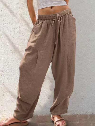 Womens Solid-Color Cotton-Linen Casual Loose Straight Pockets Lounge Pants With Drawstring