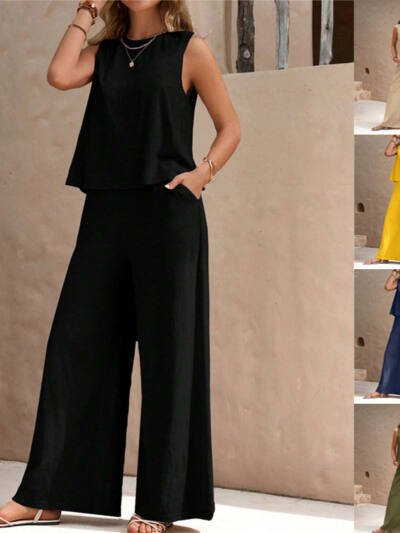 Solid Color Casual Loose Pants Sets For Women Elegant Spring Summer Women's Two Pieces Suit Full Trouser Set Female Outfit Clothes