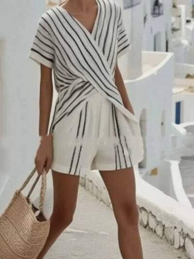 Casual V-Neck Short-Sleeve Striped Color-Block Shorts Two-Piece Set