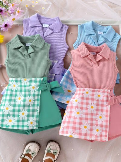 Girls' Fashion Plaid Stitching Shorts Suit