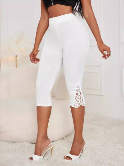 Fashion Slim Fit High Waist Pure Color Lace Patchwork Base Cropped Pants