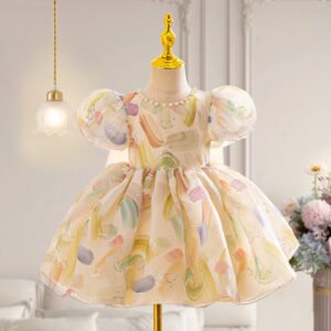 Fashion Puff Sleeve Bowknot Girl Dress