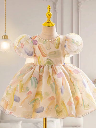 Fashion Puff Sleeve Bowknot Girl Dress