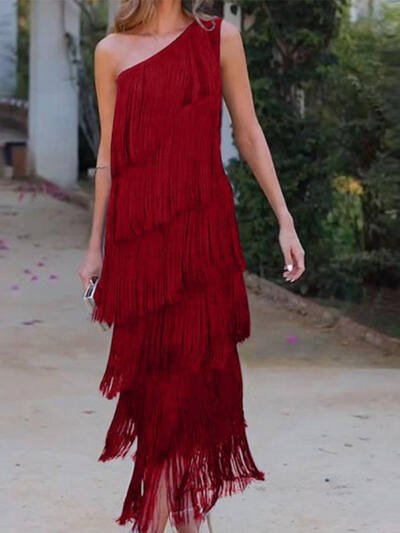 Women's Solid Color Diagonal Collar Multi-layer Tassel Stitching Design Dress
