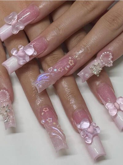 24 PCS Bear Bowbowknot Nail Art, Long Length Long Water Pipe Fake Nails,Square Head Nail Tips False Nail