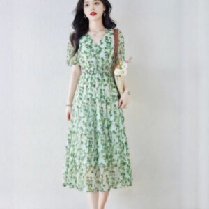 Women's Fresh And Chic Patchwork Puff Sleeve V-Neck Chiffon Printed Dress