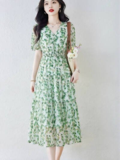 Women's Fresh And Chic Patchwork Puff Sleeve V-Neck Chiffon Printed Dress