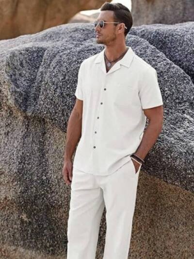 American-style Vintage Short-sleeve Shirt And Casual Trousers Two-piece Set