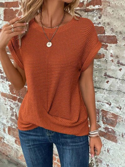 Short-sleeved Waffle T-shirt Summer New Solid Color Crew Neck Top For Womens Clothing