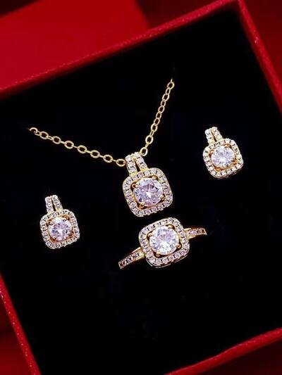 Fashion Jewelry Set Zircon Gem Pendant Chain Choker Necklace For Women Gold Color Stud Earring Statement Wedding Ring