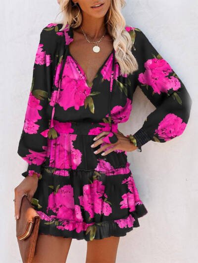 Flowers Print Long Sleeve Dress Fashion Patchwork Puff Sleeve Waist Dresses Womens Clothing