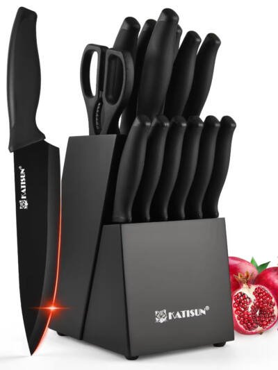 15-Piece Color-Coded Kitchen Knife Set With High-Carbon Chef Knives, Ergonomic Black Non-Slip TPR Soft Handles, And Built-In Knife Sharpener