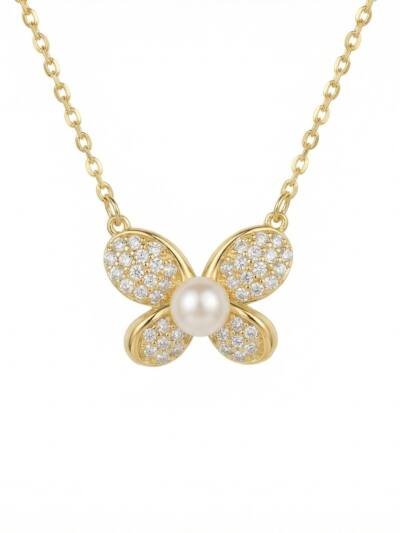 925 Sterling Silver Sparkling Butterfly Necklace with Lustrous Pearl Center and Pavé Stone Wings