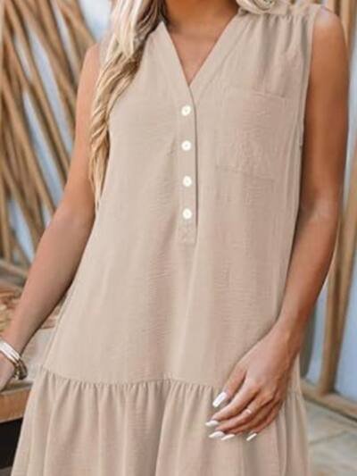 Spring And Summer V-neck Buttons Sleeveless Dress