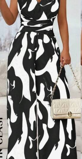 Women's Fashionable Random Print Backless Jumpsuit
