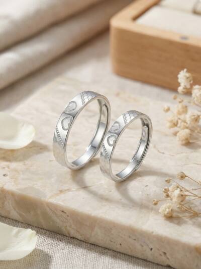 925 Sterling Silver Elegant S925 Sterling Silver Heart Pattern Couple Rings - Romantic Adjustable Jewelry Set