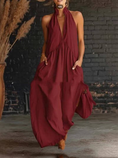 Elegant Resort-Style Mandarin-Collar Cotton-Linen Dress