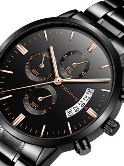 Men''s Stainless Steel Watches with Business Leisure Calendar Quartz Watches Waterproof Black Refined Steel Watches