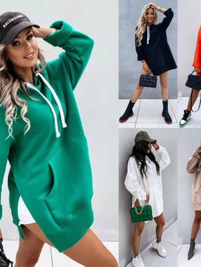 Women's Hooded Sweatshirt With Pockets Fashion Casual Split Mid-length Sweater Drawstring Tops