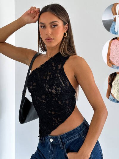 Ins Lace Backless Top Summer Solid Color Waistless Asymmetrical Sloped Neck Vest Streetwear Womens Clothes