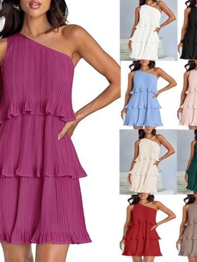 Casual Women's One Off-Shoulder Layered Stitching Hem Dress Simple Solid Color Dress Summer Street High Waist Comfortable Dresses