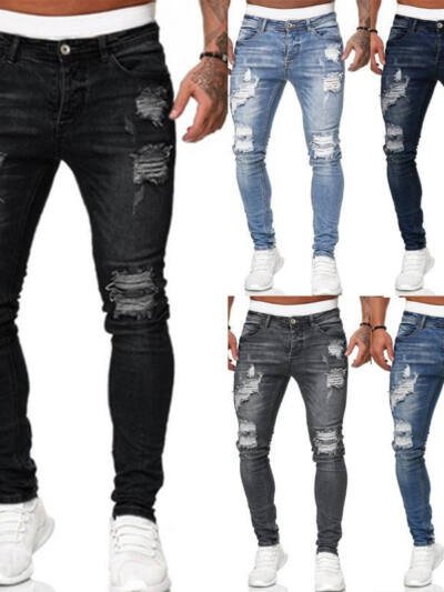 Fashion Street Style Ripped Skinny Jeans Men Vintage Wash Solid Denim Trouser Mens Casual Slim Fit Pencil Denim Pants