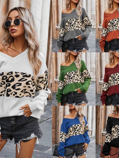 Leopard Print Sweatshirt Fashion Casual V-neck Long-sleeved Pullover Top Women's Commuting Clothing
