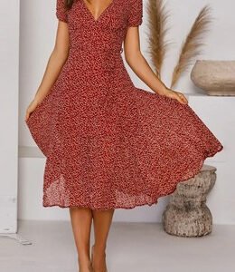 Printed V-Neck Short-Sleeved Lace-Up Dress